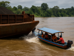Laka Air di Barito Utara! Tongkang Tabrak Taksi Motor Kelotok, Penumpang Lompat ke Sungai